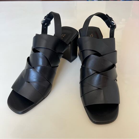 Via Spiga Black Leather Criss Cross Block Heel Open Square Toe Sandal Womens 8 - Picture 1 of 11